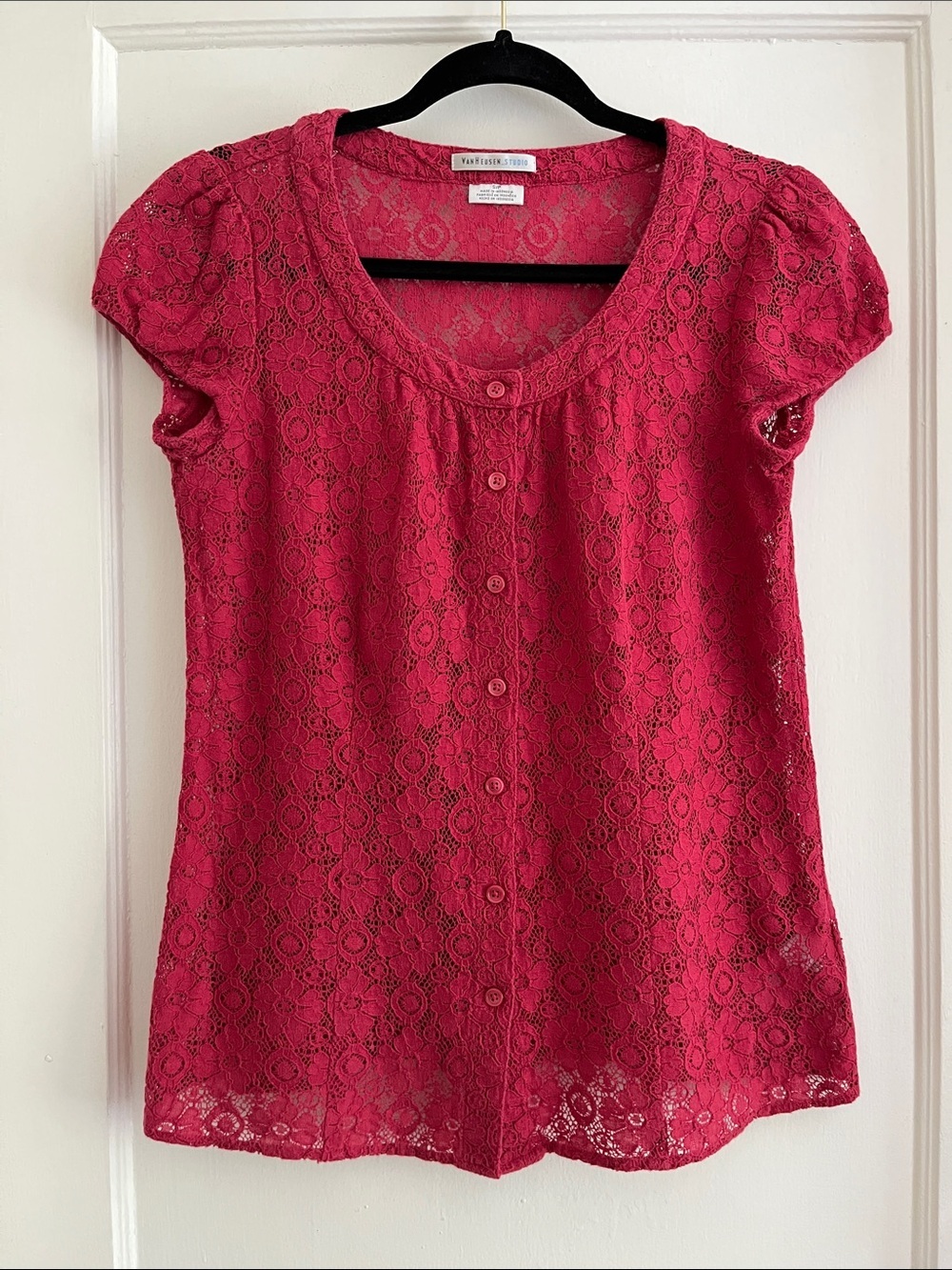 Cotton Blend Lace Cap Sleeve Red Button Down Blouse Short Sleeve Top Size Small